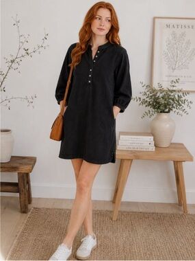 GAP NWT❗️Black Denim Tencel Chambray Henley Tie Waist Shirt Dress Curved Hem